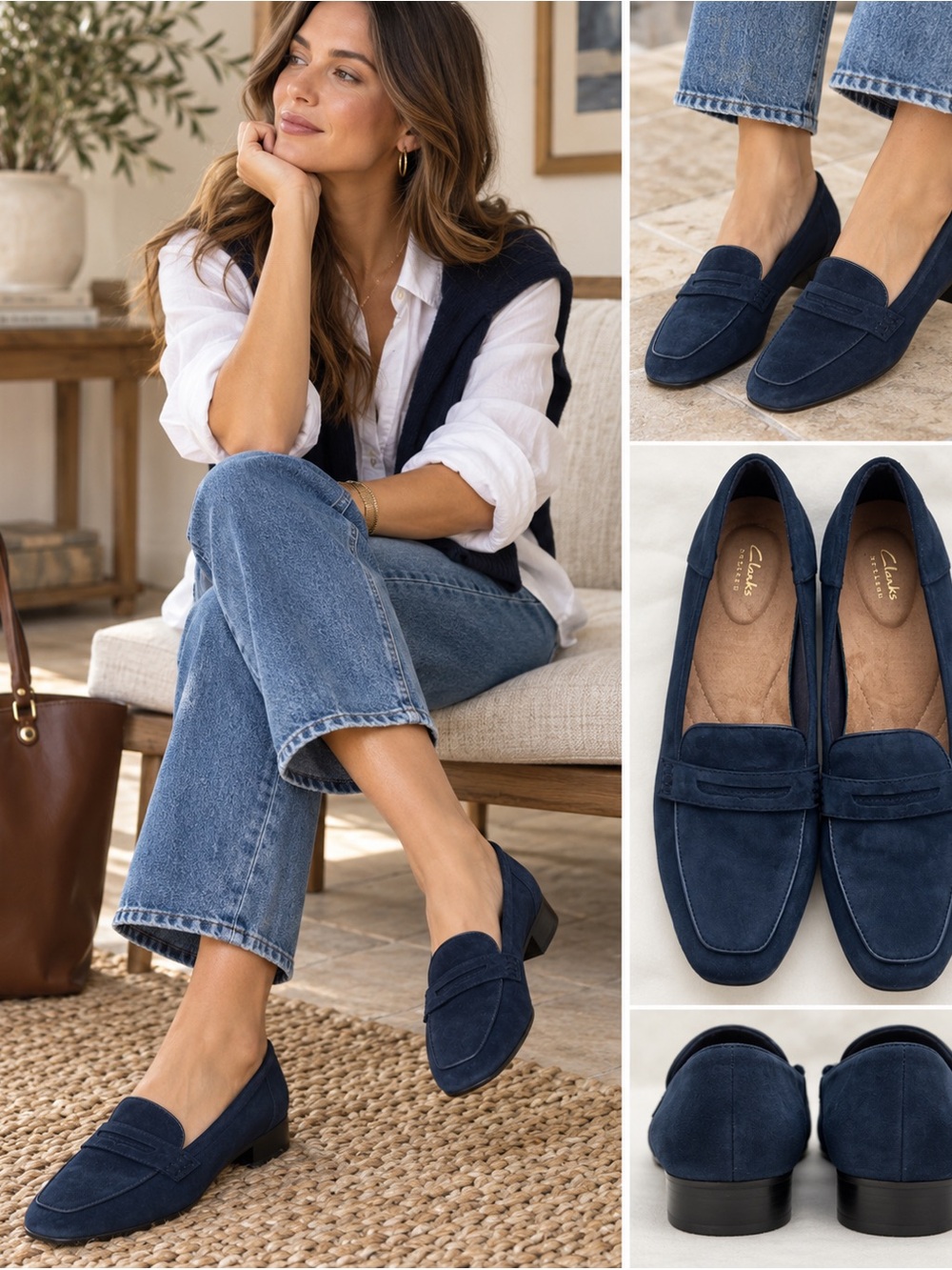 Clarks Artisan 11 Navy Blue Suede Penny Loafers Comfort Low Heel Travel Office
